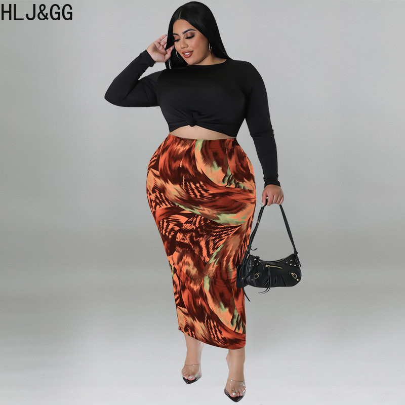 HLJ&GG Liela izmēra sieviešu divdaļīgie komplekti XL-5XL gadījuma rakstura garajām piedurknēm, apgriezti un šauri svārki, kostīmi, eleganti sieviešu apģērbi