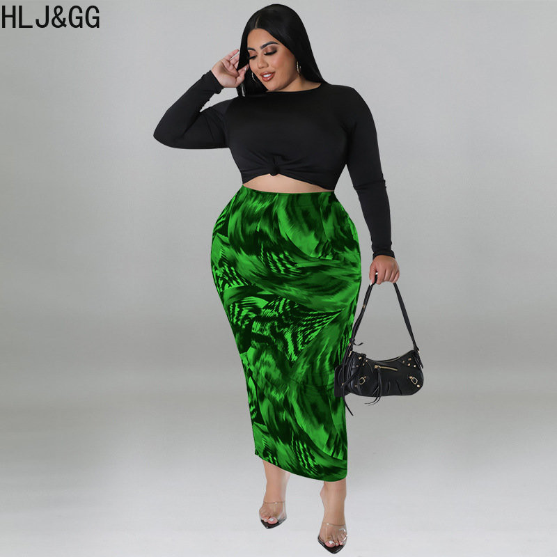 HLJ&GG Liela izmēra sieviešu divdaļīgie komplekti XL-5XL gadījuma rakstura garajām piedurknēm, apgriezti un šauri svārki, kostīmi, eleganti sieviešu apģērbi