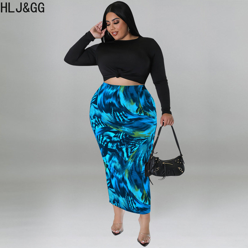 HLJ&GG Liela izmēra sieviešu divdaļīgie komplekti XL-5XL gadījuma rakstura garajām piedurknēm, apgriezti un šauri svārki, kostīmi, eleganti sieviešu apģērbi