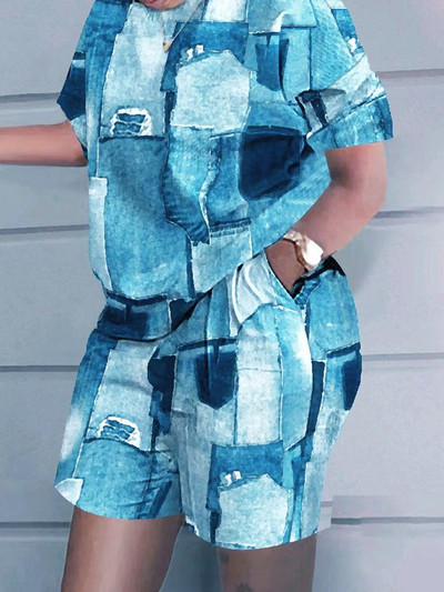 ZJFZML ZZ Nagy méretű női ruházat fröccsenő tintával nyomtatott kétrészes rövid készletek, kerek nyakú, rövid ujjú póló motoros rövidnadrággal