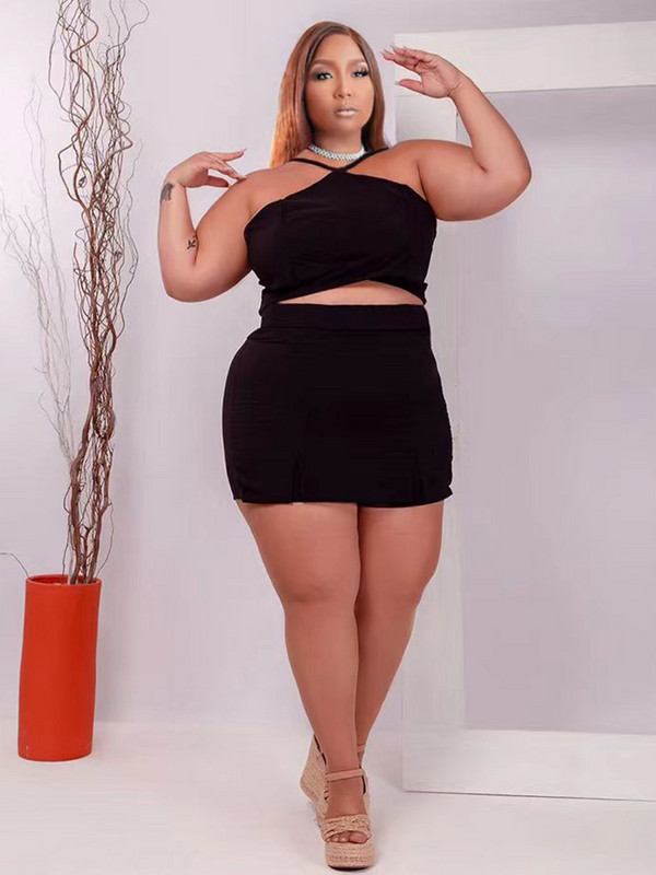 ZJFZML ZZ Liela izmēra sieviešu apģērbi treniņtērps divdaļīgs komplekts ar apkakli bez aizmugures Crop top + šorti ar augstu vidukli vairumtirdzniecība dropshipping