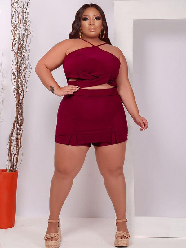 ZJFZML ZZ Liela izmēra sieviešu apģērbi treniņtērps divdaļīgs komplekts ar apkakli bez aizmugures Crop top + šorti ar augstu vidukli vairumtirdzniecība dropshipping