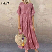 Sieviešu vasaras 2023. gada Bohēmijas stila apaļa kakla liela izmēra kleita ar īsām piedurknēm, brīvas kleitas līdz potītēm