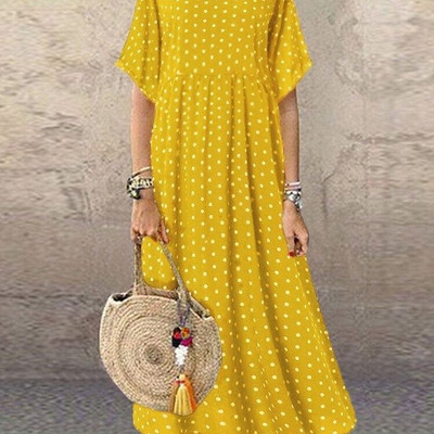 Sieviešu vasaras 2023. gada Bohēmijas stila apaļa kakla liela izmēra kleita ar īsām piedurknēm, brīvas kleitas līdz potītēm