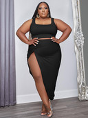 ZJFZML ZZ Nagy méretű, kétrészes öltönyök, női ruházat, 2022 fekete, négyzet gallérral ellátott ujjatlan felsők és osztott szoknyák