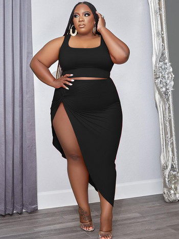 ZJFZML ZZ Plus Size Two Piece Κοστούμια Φόρεμα Γυναικεία Ρούχα 2022 Μαύρο τετράγωνο γιακά αμάνικα μπλουζάκια και πλαϊνές σπαστές φούστες