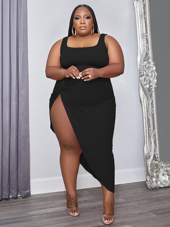 ZJFZML ZZ Plus Size Two Piece Κοστούμια Φόρεμα Γυναικεία Ρούχα 2022 Μαύρο τετράγωνο γιακά αμάνικα μπλουζάκια και πλαϊνές σπαστές φούστες