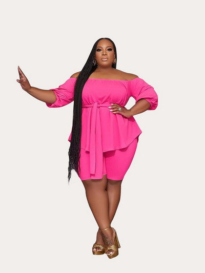 ZJFZML ZZ Nagy méretű női ruházat ferde nyakú fél ujjú bő pulóver és karcsú, térdig érő rövid nadrág 2 részes tréningruha