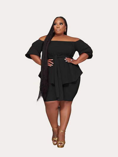 ZJFZML ZZ Nagy méretű női ruházat ferde nyakú fél ujjú bő pulóver és karcsú, térdig érő rövid nadrág 2 részes tréningruha