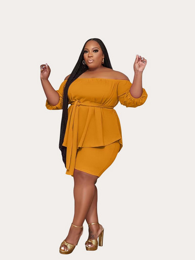 ZJFZML ZZ Nagy méretű női ruházat ferde nyakú fél ujjú bő pulóver és karcsú, térdig érő rövid nadrág 2 részes tréningruha