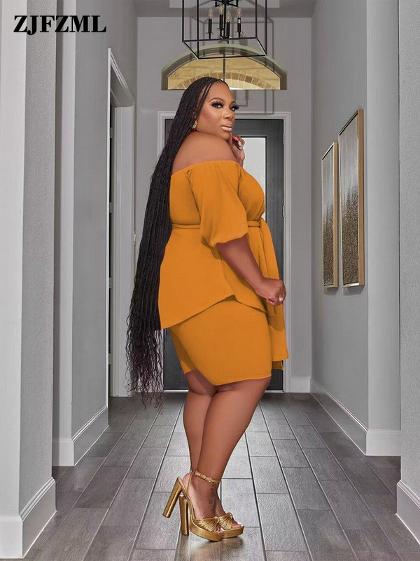 ZJFZML ZZ Nagy méretű női ruházat ferde nyakú fél ujjú bő pulóver és karcsú, térdig érő rövid nadrág 2 részes tréningruha