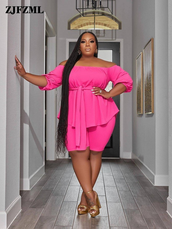 ZJFZML ZZ Nagy méretű női ruházat ferde nyakú fél ujjú bő pulóver és karcsú, térdig érő rövid nadrág 2 részes tréningruha