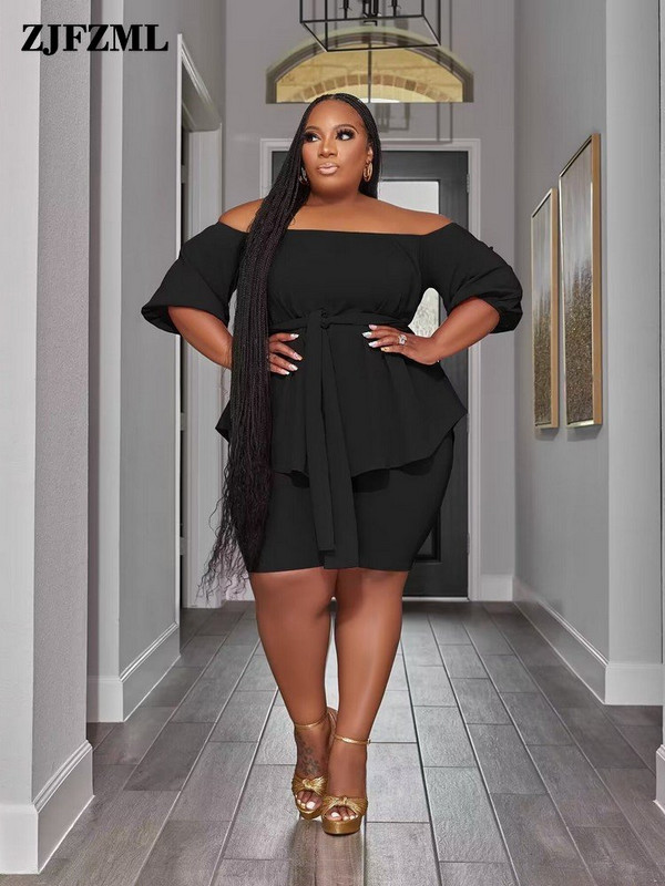 ZJFZML ZZ Nagy méretű női ruházat ferde nyakú fél ujjú bő pulóver és karcsú, térdig érő rövid nadrág 2 részes tréningruha