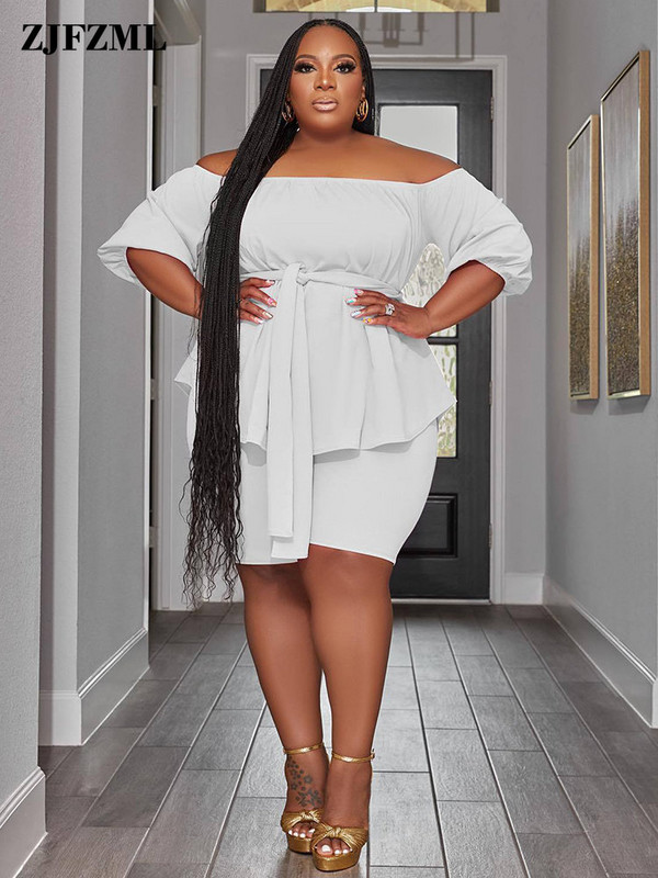 ZJFZML ZZ Nagy méretű női ruházat ferde nyakú fél ujjú bő pulóver és karcsú, térdig érő rövid nadrág 2 részes tréningruha