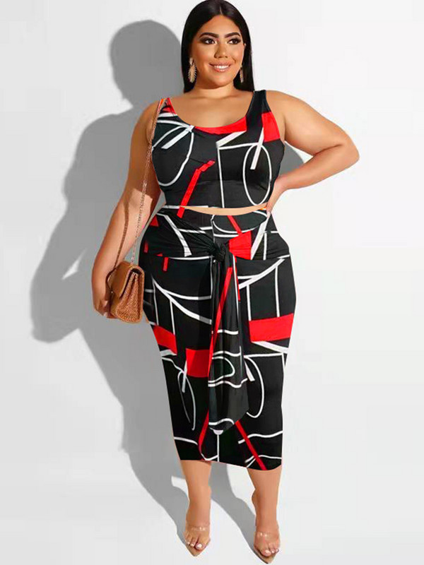 ZJFZML ZZ Liela izmēra sieviešu apģērbi treniņtērps divdaļīgs komplekts ar apdruku pārsēju vestu tops + brīvdienu pludmales kleita vairumtirdzniecība dropshipping