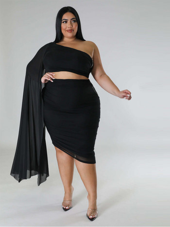 ZJFZML ZZ Plus Size Γυναικεία Ρούχα 2 τεμαχίων Club Outfits Nightout One Shoulder Mesh Crop Tops + Ελαστική μέση Midi Σετ