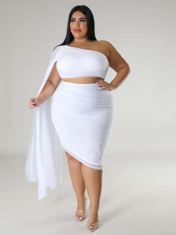 ZJFZML ZZ Plus Size Γυναικεία Ρούχα 2 τεμαχίων Club Outfits Nightout One Shoulder Mesh Crop Tops + Ελαστική μέση Midi Σετ