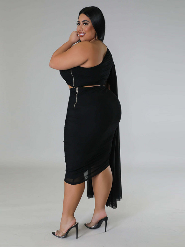 ZJFZML ZZ Nagy méretű női ruházat 2 részes klubruhák éjszakai egy váll hálós Crop felsők + elasztikus derékú midi szoknya szettek