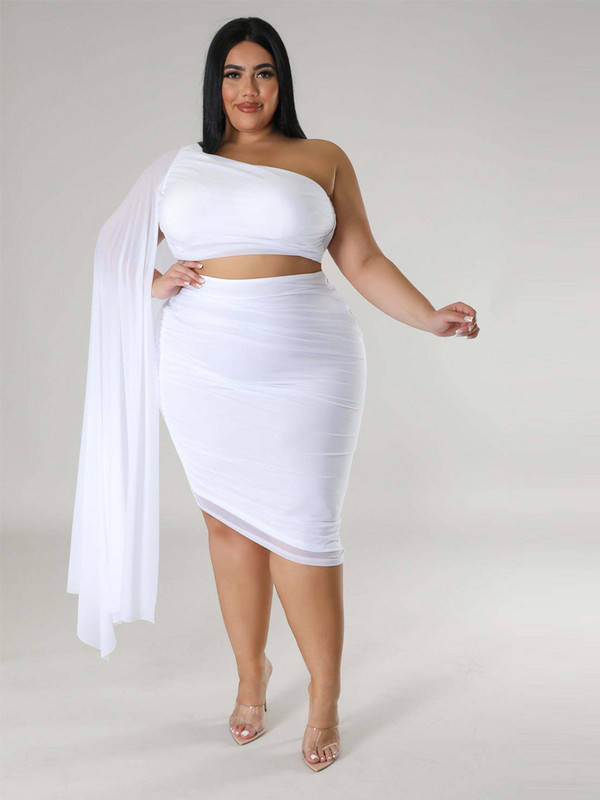 ZJFZML ZZ Nagy méretű női ruházat 2 részes klubruhák éjszakai egy váll hálós Crop felsők + elasztikus derékú midi szoknya szettek