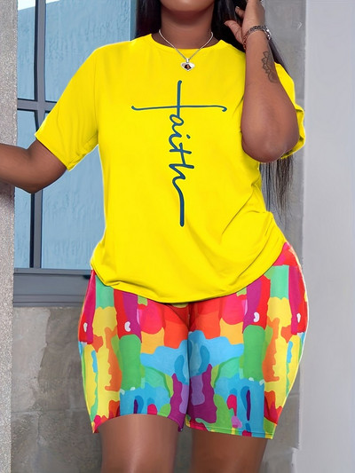 ZJFZML ZZ Liela izmēra sieviešu apģērba gabals Īsi komplekti Ikdienišķa burtu apdruka T-krekls ar īsām piedurknēm + krāsaini apdrukas bikeršorti