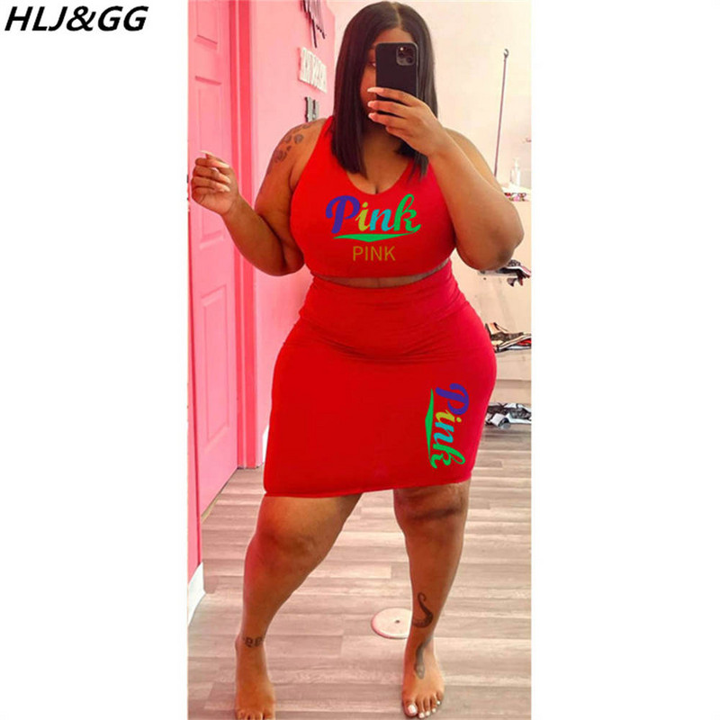 HLJ&GG ROZĀ burtu apdrukas treniņtērpi sievietēm bez piedurknēm Crop Top + šauri svārki, divdaļīgi seksīgi ķermenim pieskaņoti lielizmēra tērpi