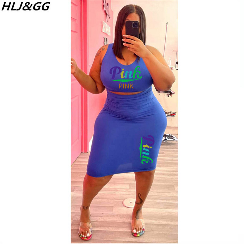 HLJ&GG ROZĀ burtu apdrukas treniņtērpi sievietēm bez piedurknēm Crop Top + šauri svārki, divdaļīgi seksīgi ķermenim pieskaņoti lielizmēra tērpi