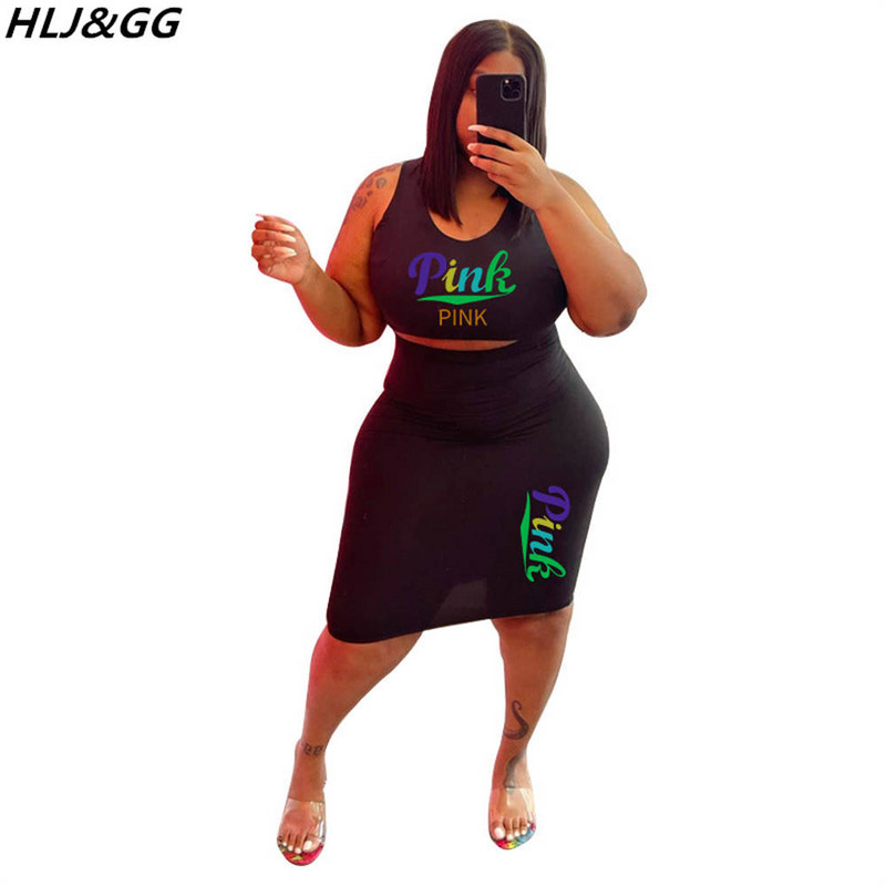 HLJ&GG ROZĀ burtu apdrukas treniņtērpi sievietēm bez piedurknēm Crop Top + šauri svārki, divdaļīgi seksīgi ķermenim pieskaņoti lielizmēra tērpi