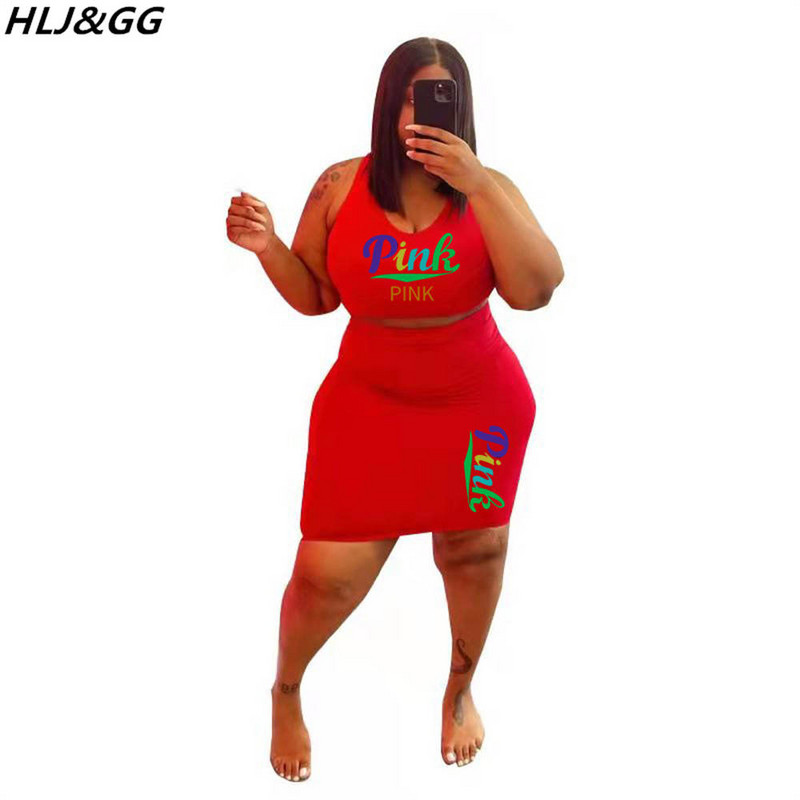 HLJ&GG ROZĀ burtu apdrukas treniņtērpi sievietēm bez piedurknēm Crop Top + šauri svārki, divdaļīgi seksīgi ķermenim pieskaņoti lielizmēra tērpi