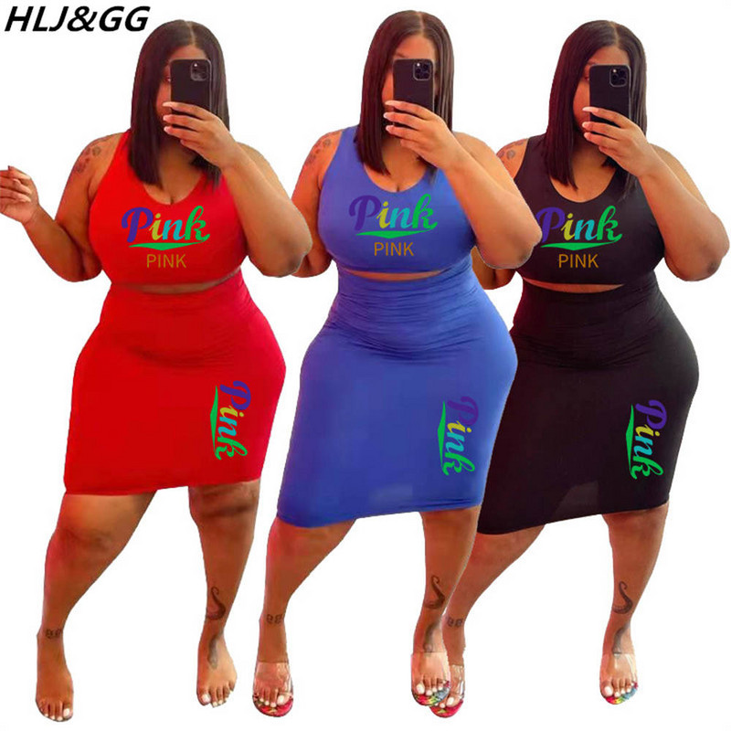 HLJ&GG ROZĀ burtu apdrukas treniņtērpi sievietēm bez piedurknēm Crop Top + šauri svārki, divdaļīgi seksīgi ķermenim pieskaņoti lielizmēra tērpi