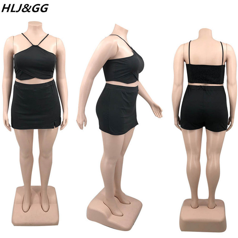 HLJ&GG Fashion Halter Neck Bezpiedurknēm Divdaļīgs Sieviešu Lielizmēra Apģērbs XL-5XL Ikdienišķs Solid Crop Top + Mini Šorti Apģērbi