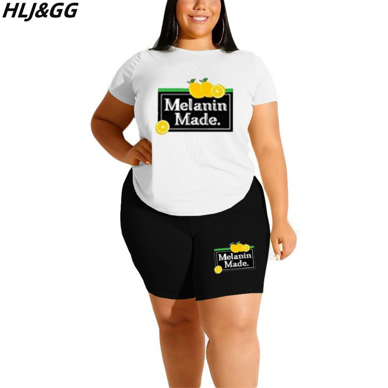 HLJ&GG suures suuruses naisteriided 2XL-6XL vabaaja trükiga Ümarkaelusega t-särk ja jalgrattapüksid, kaheosalised komplektid, suvised sportlikud komplektid