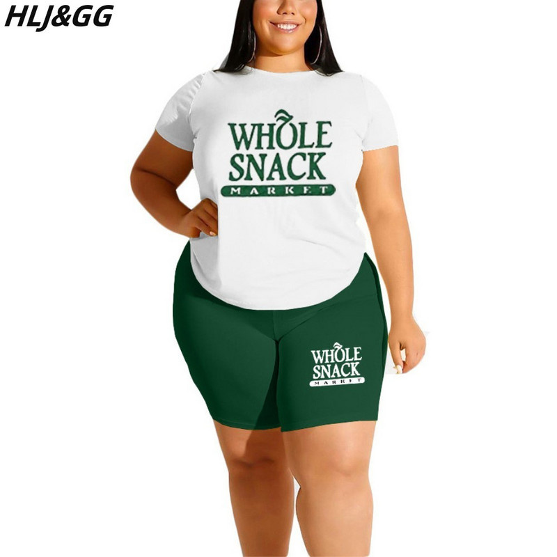 HLJ&GG suures suuruses naisteriided 2XL-6XL vabaaja trükiga Ümarkaelusega t-särk ja jalgrattapüksid, kaheosalised komplektid, suvised sportlikud komplektid