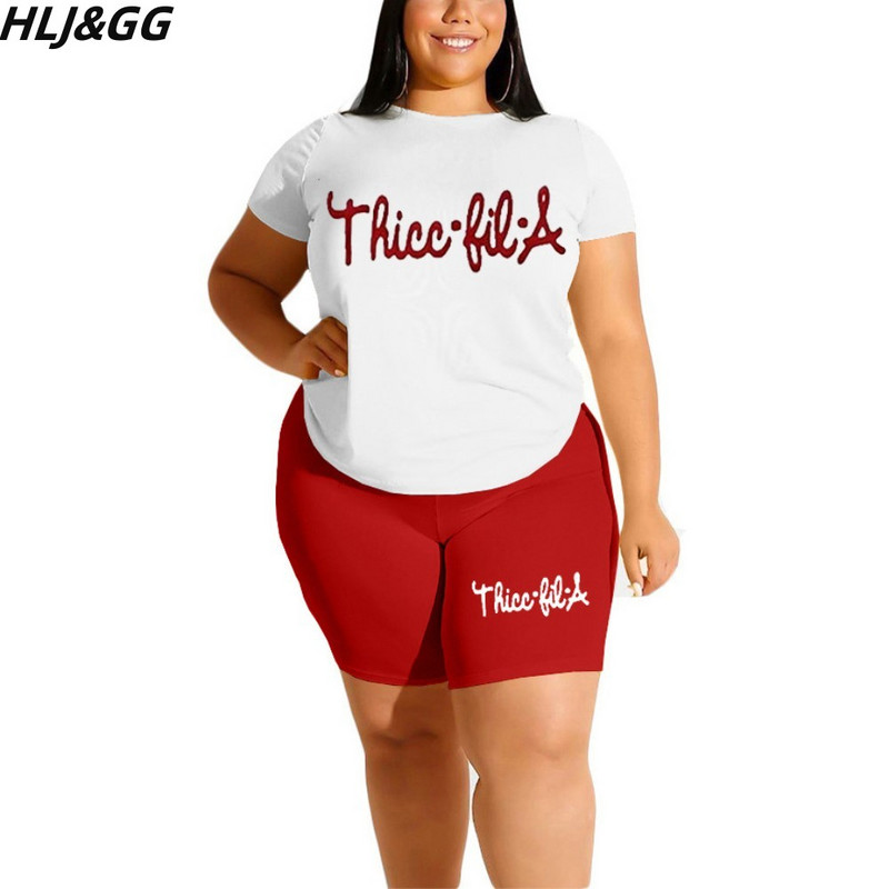 HLJ&GG suures suuruses naisteriided 2XL-6XL vabaaja trükiga Ümarkaelusega t-särk ja jalgrattapüksid, kaheosalised komplektid, suvised sportlikud komplektid