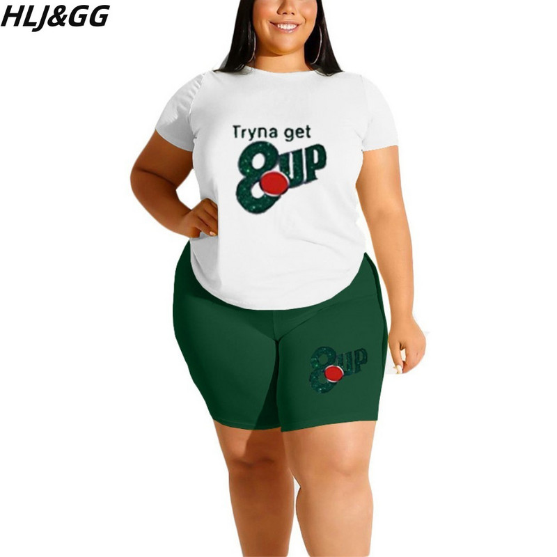 HLJ&GG suures suuruses naisteriided 2XL-6XL vabaaja trükiga Ümarkaelusega t-särk ja jalgrattapüksid, kaheosalised komplektid, suvised sportlikud komplektid