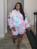 ZJFZML ZZ Didelio dydžio moteriškų drabužių kaklaraiščių dažų spausdinimas dviejų dalių rinkiniai su gobtuvu ilgomis rankovėmis su gobtuvu + Bodycon trumpi sportiniai kostiumai