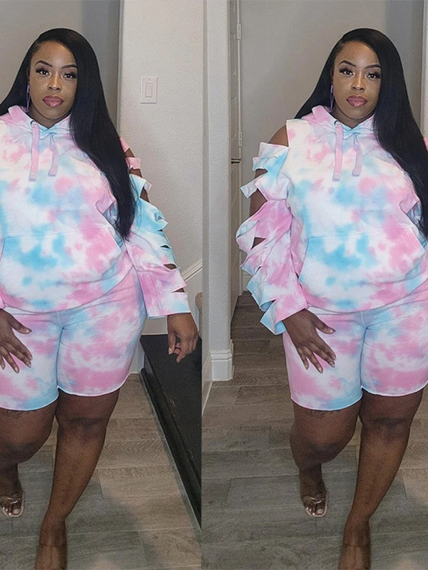 ZJFZML ZZ Didelio dydžio moteriškų drabužių kaklaraiščių dažų spausdinimas dviejų dalių rinkiniai su gobtuvu ilgomis rankovėmis su gobtuvu + Bodycon trumpi sportiniai kostiumai