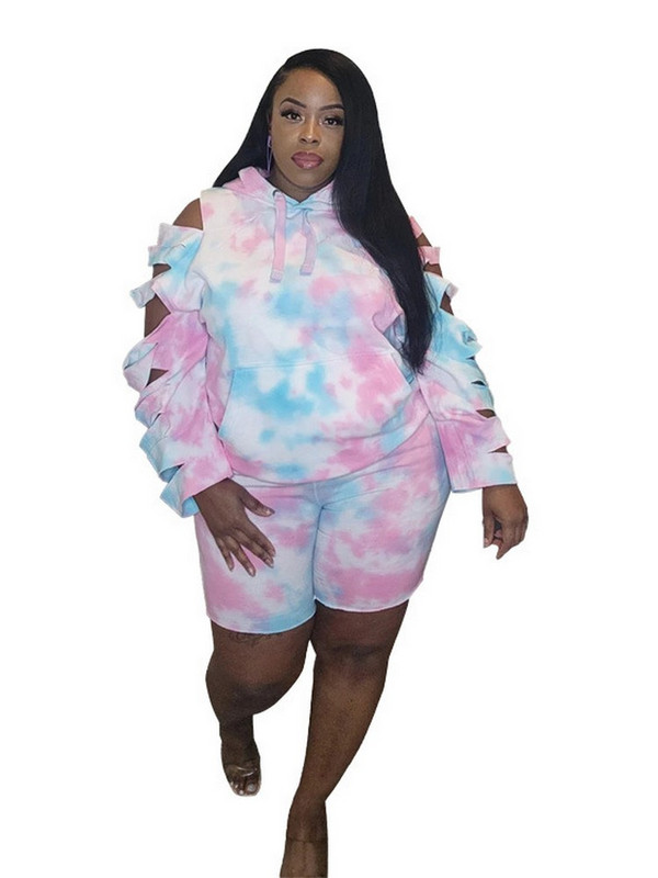 ZJFZML ZZ Didelio dydžio moteriškų drabužių kaklaraiščių dažų spausdinimas dviejų dalių rinkiniai su gobtuvu ilgomis rankovėmis su gobtuvu + Bodycon trumpi sportiniai kostiumai