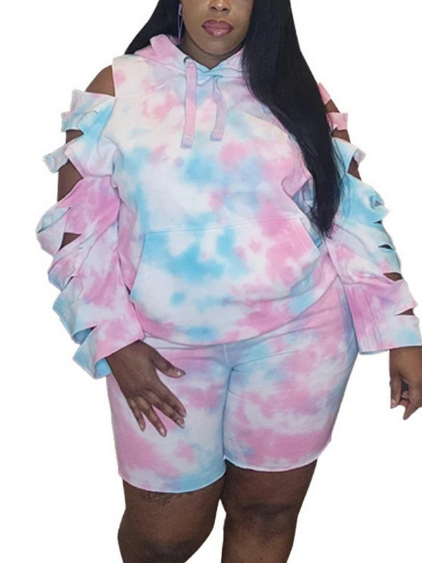 ZJFZML ZZ Didelio dydžio moteriškų drabužių kaklaraiščių dažų spausdinimas dviejų dalių rinkiniai su gobtuvu ilgomis rankovėmis su gobtuvu + Bodycon trumpi sportiniai kostiumai