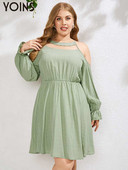 YOINS lielizmēra sieviešu kleita 2023. gadā ar garām piedurknēm līdz ceļiem ballītei, izliekts, no pleciem, Vestidos rūtainas zaļas 4 XL kleitas