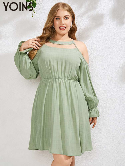 YOINS lielizmēra sieviešu kleita 2023. gadā ar garām piedurknēm līdz ceļiem ballītei, izliekts, no pleciem, Vestidos rūtainas zaļas 4 XL kleitas