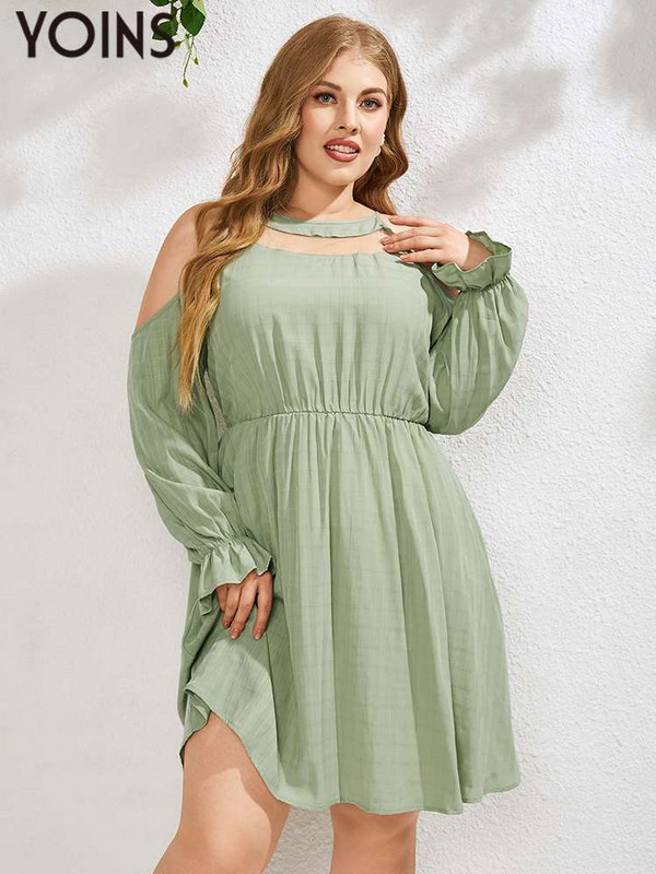 YOINS lielizmēra sieviešu kleita 2023. gadā ar garām piedurknēm līdz ceļiem ballītei, izliekts, no pleciem, Vestidos rūtainas zaļas 4 XL kleitas