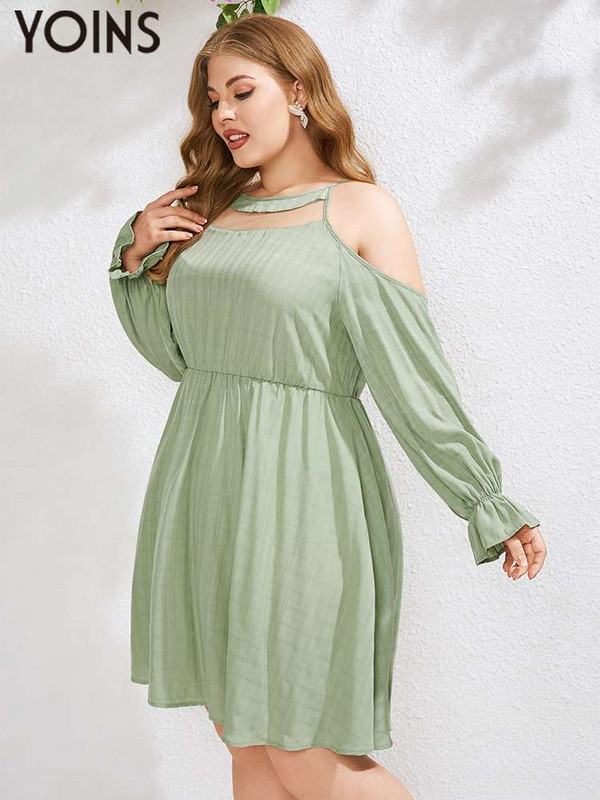 YOINS lielizmēra sieviešu kleita 2023. gadā ar garām piedurknēm līdz ceļiem ballītei, izliekts, no pleciem, Vestidos rūtainas zaļas 4 XL kleitas