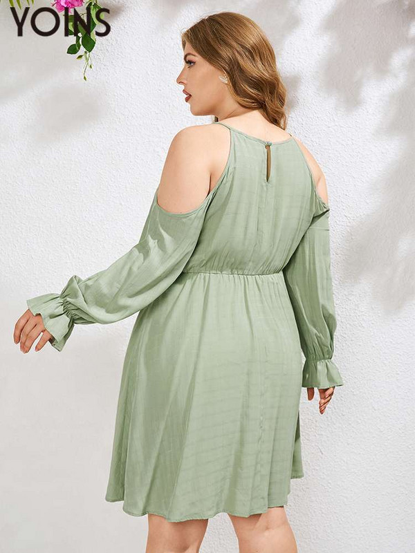 YOINS lielizmēra sieviešu kleita 2023. gadā ar garām piedurknēm līdz ceļiem ballītei, izliekts, no pleciem, Vestidos rūtainas zaļas 4 XL kleitas