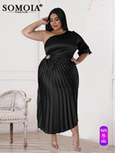SOMOIA Suures suuruses naiste rõivad, mood Seksikas põikõlaga plisseeritud kleit, poolvarrukatega pikk seelik, peokleidid