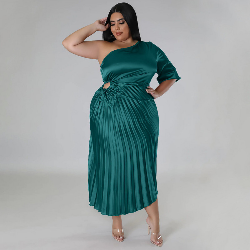 SOMOIA Îmbrăcăminte pentru femei de mărime mare, la modă, sexy, cu umăr diagonal, cu șnur, rochie plisată, cu jumătate de mânecă, fustă lungă, rochii de petrecere