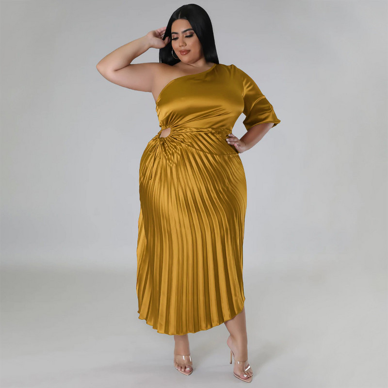 SOMOIA Îmbrăcăminte pentru femei de mărime mare, la modă, sexy, cu umăr diagonal, cu șnur, rochie plisată, cu jumătate de mânecă, fustă lungă, rochii de petrecere