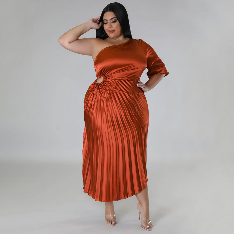 SOMOIA Îmbrăcăminte pentru femei de mărime mare, la modă, sexy, cu umăr diagonal, cu șnur, rochie plisată, cu jumătate de mânecă, fustă lungă, rochii de petrecere