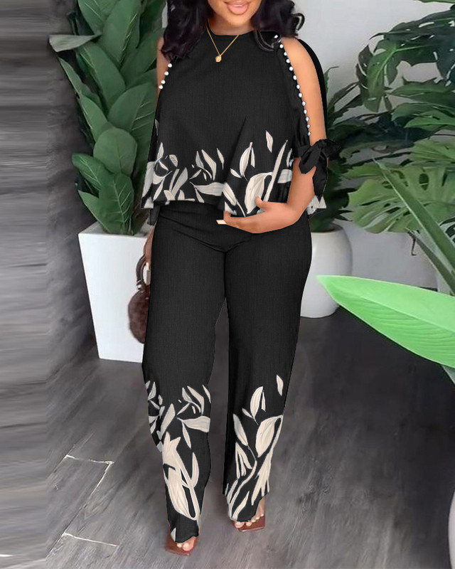 Γυναικεία ΣΥΝ ΜΕΓΕΘΟΣ Καλοκαιρινό κομψό σετ φύλλων με χάντρες 2 τεμαχίων αμάνικο κορδόνι με φαρδύ παντελόνι μόδας