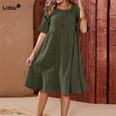 Haine de mărime Plus Femei Casual plisată Gât rotund evazat cu mâneci scurte rochie din bumbac in vară Culoare uni Rochii midi largi