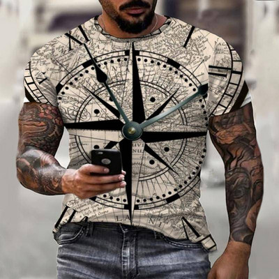 Summer Vintage Compass T Shirt Men 3D Printing Tshirt Fashion Street Harajuku T-shirt Short Sleeve Oversize Top Мъжко облекло